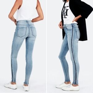 Express 4 High Rise Legging Light Wash Skinny Denim Side Stripe Frayed Jeans